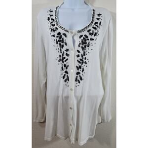 Susan Graver White Black Beading Button Up Cardigan Sweater 2X Plus Lightweight